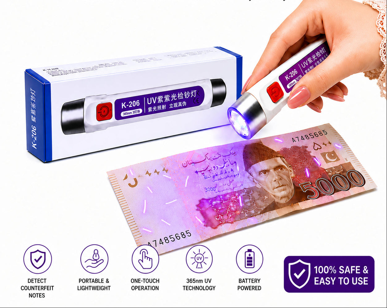 Handheld LED Money Detector | Currency Detector Ultra Violet Torch | Fake Note Checker | Portable UV Counterfeit Detection Light Elegant store