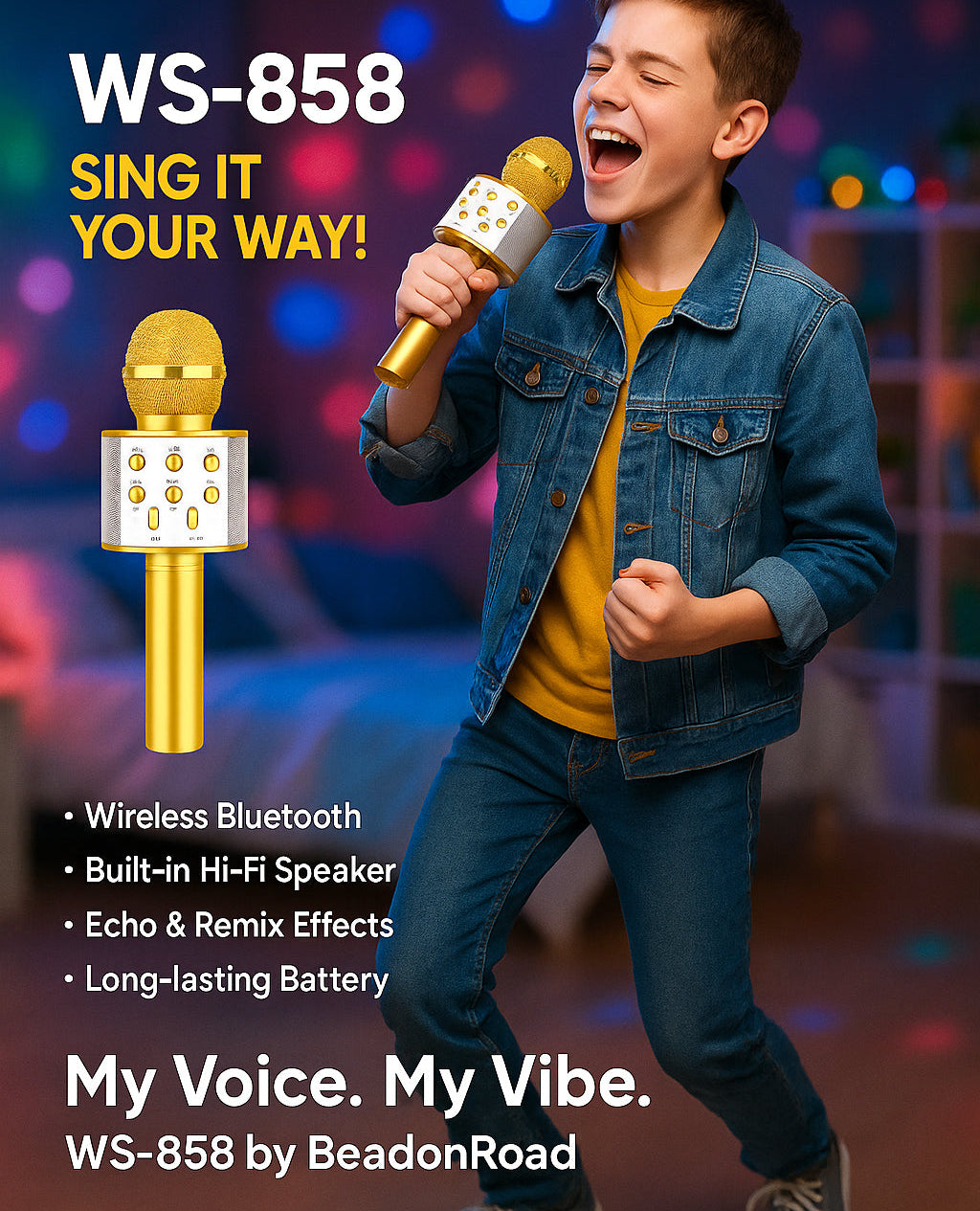 WS-858 Wireless Bluetooth Karaoke Microphone - 3-in-1 Mic, Speaker & Record - WS-858 Bluetooth Mic